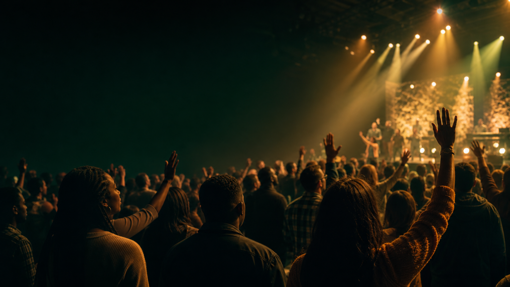 Worship gathering with warm stage lights