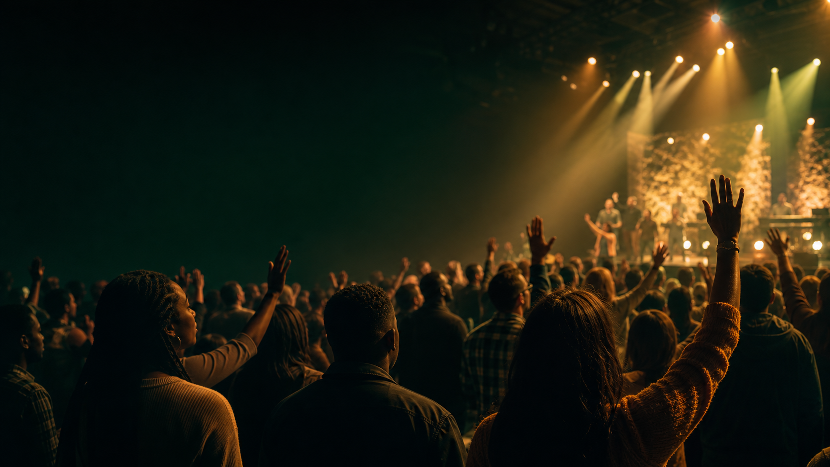 Worship gathering with warm stage lights